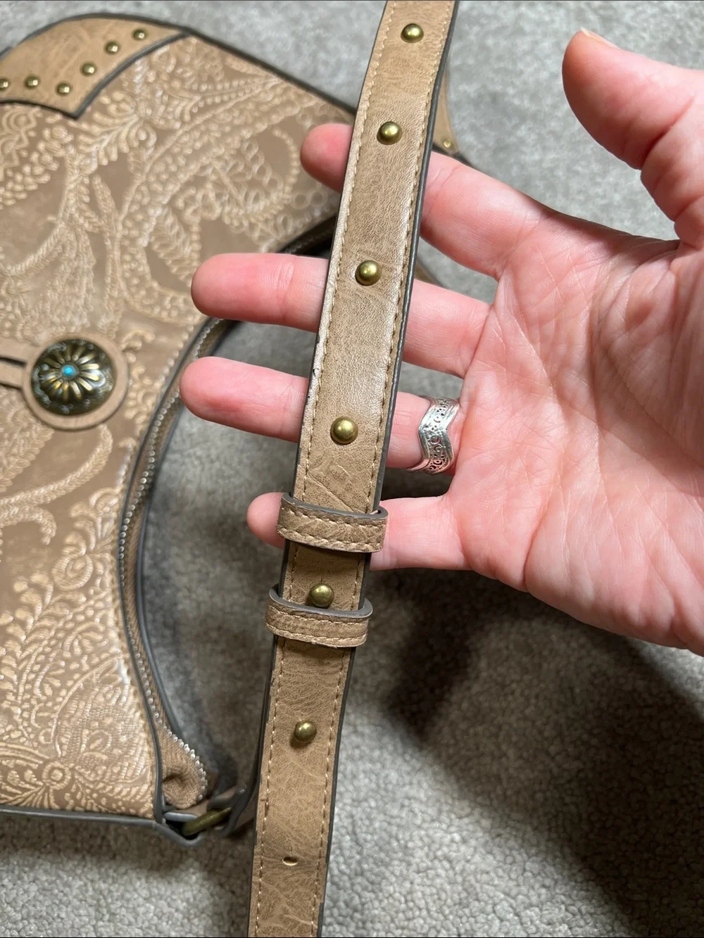 Rein and Bridle Embossed Taupe Shoulder Bag with Concho Accent Western